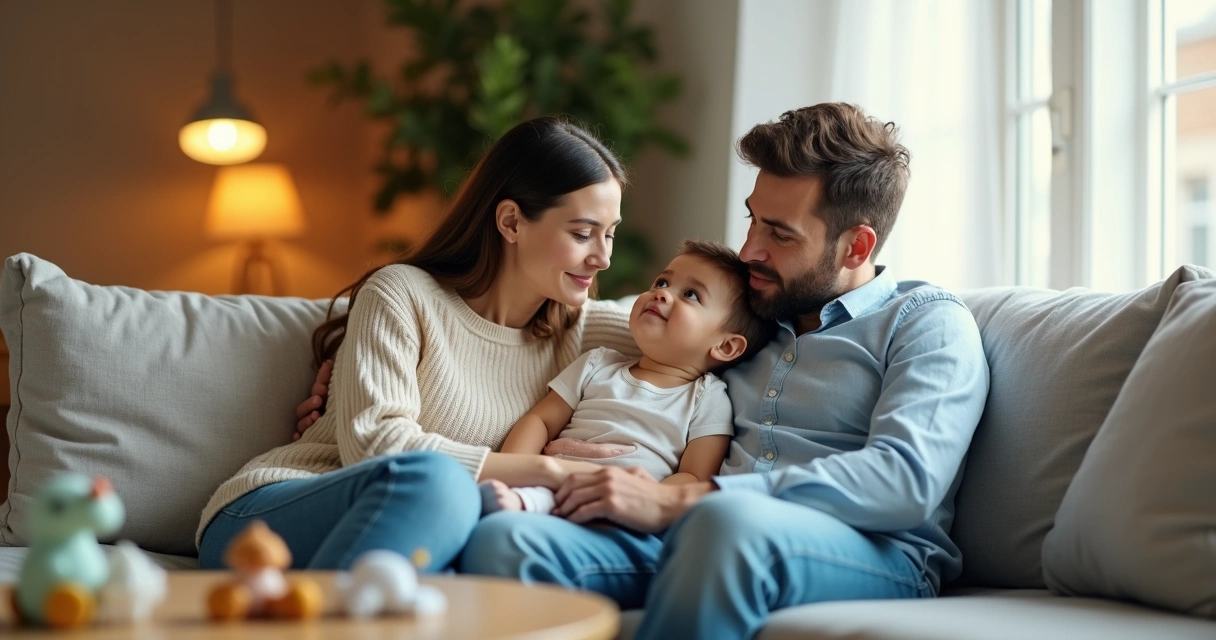 Mother and father sitting on a couch with their child, all three reflecting together in a softly lit living room 