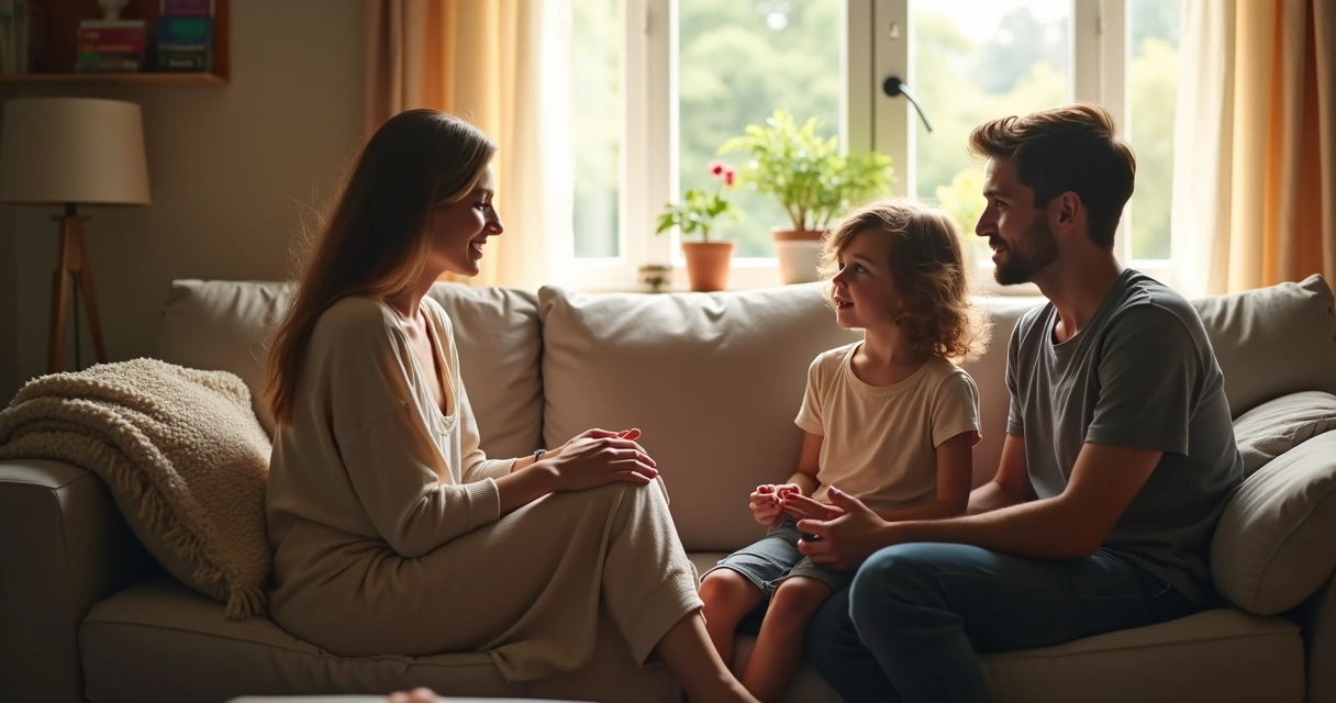 Parent and child talking calmly on a couch after conflict