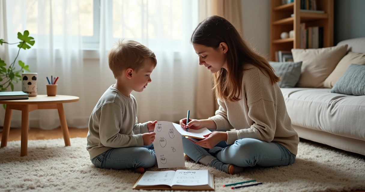 Parent guiding child in self-reflection at home with notebook and quiet corner 