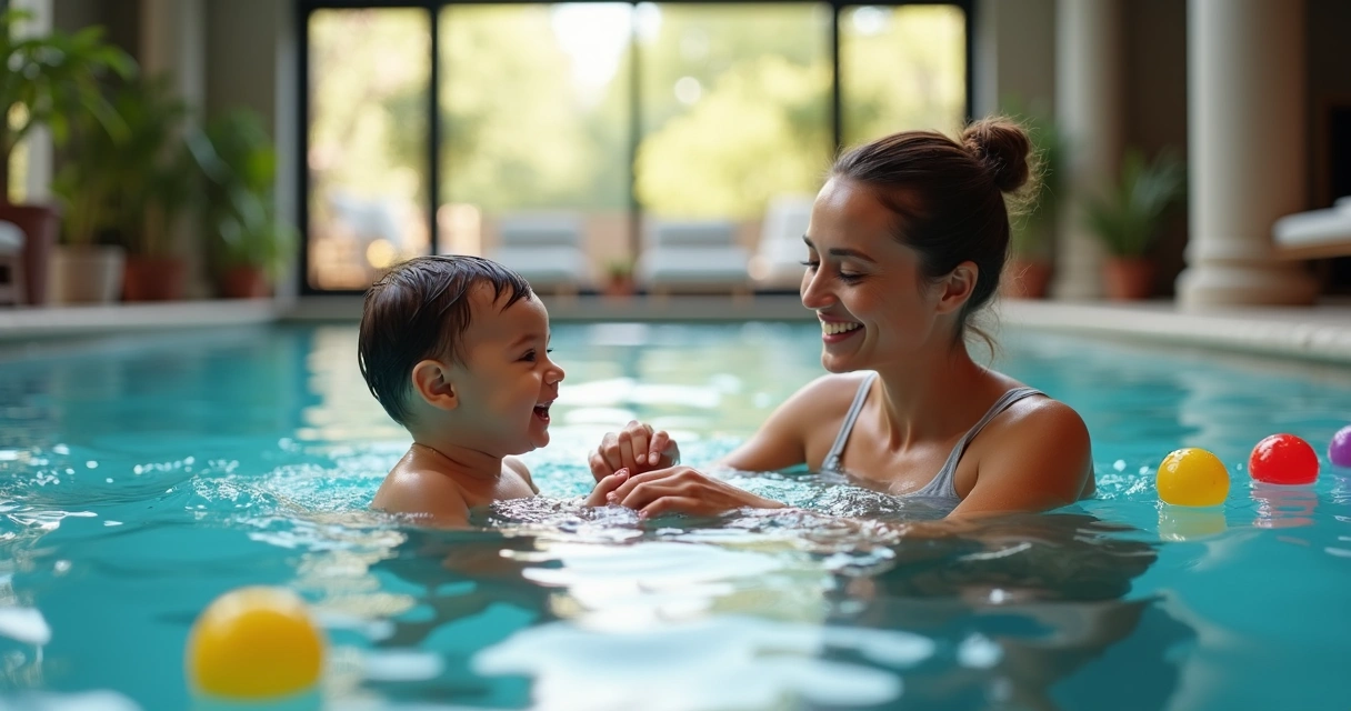 Parent and child practicing swimming with instructor 