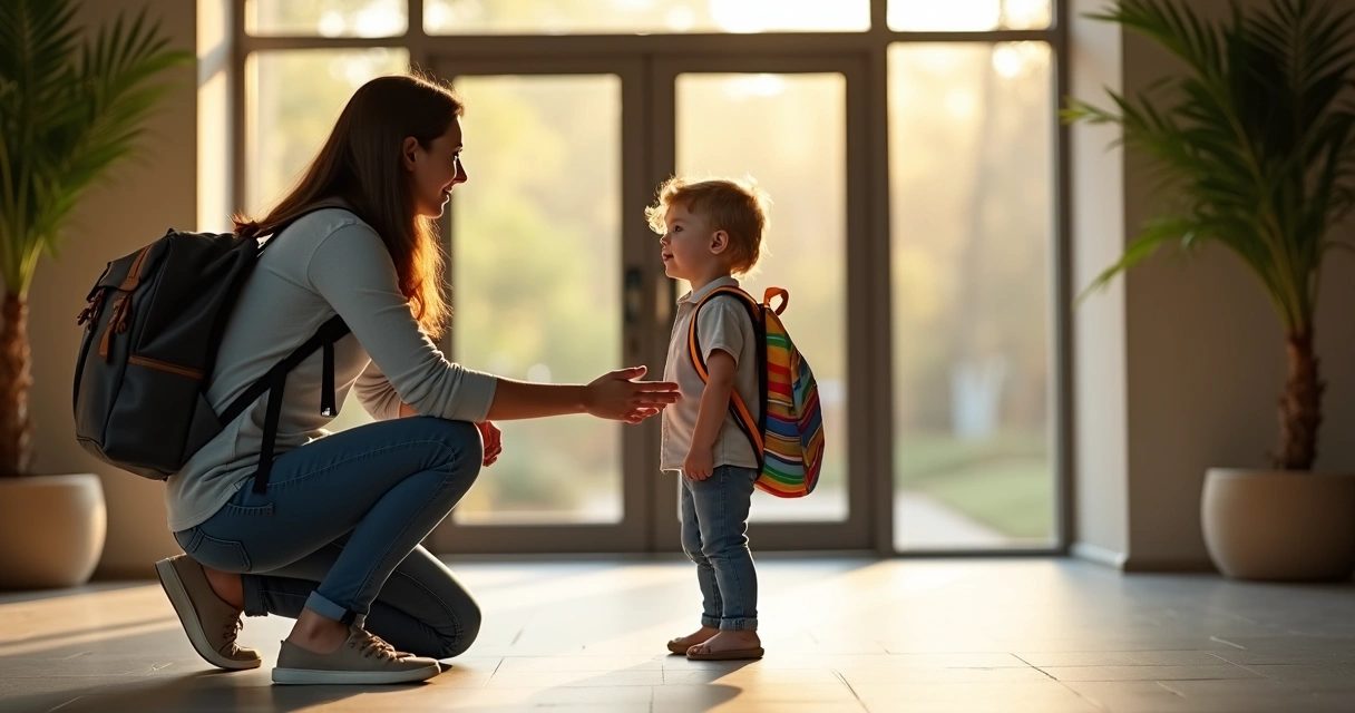 Parent kneeling beside child with backpack at school entrance during transition talk 
