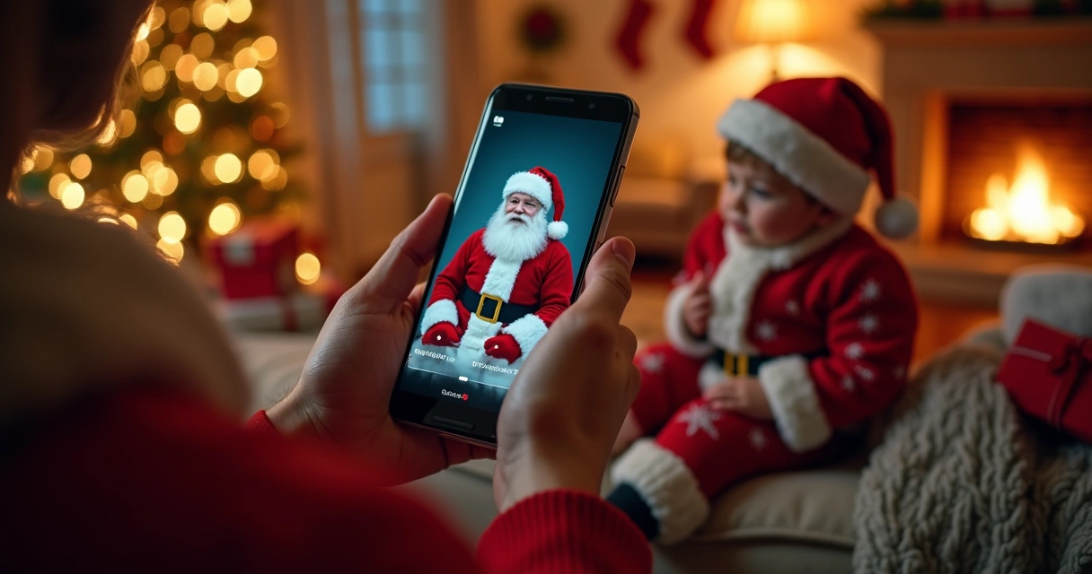 Santa Claus delivering a personalized downloadable video message to a child, warm festive scene.