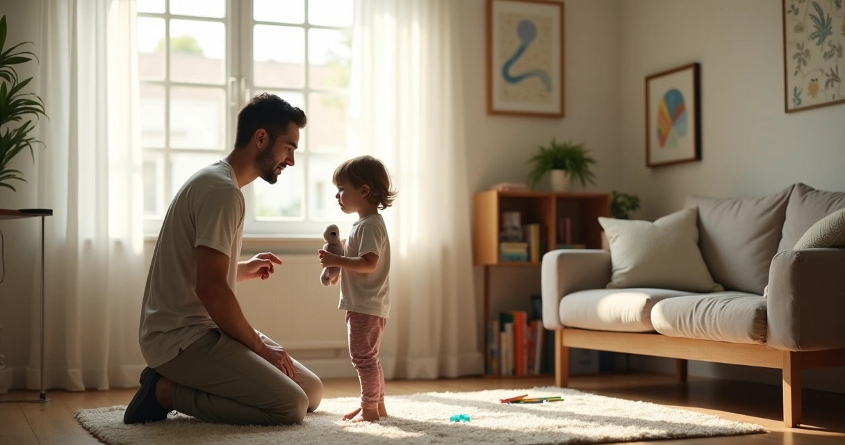 Parent kneeling to connect calmly with child in cozy living room 