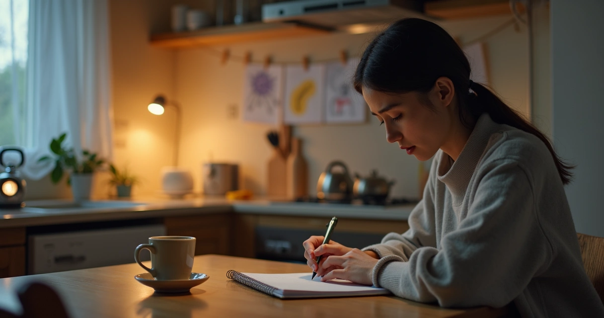 Parent writing in a journal at the kitchen table after bedtime