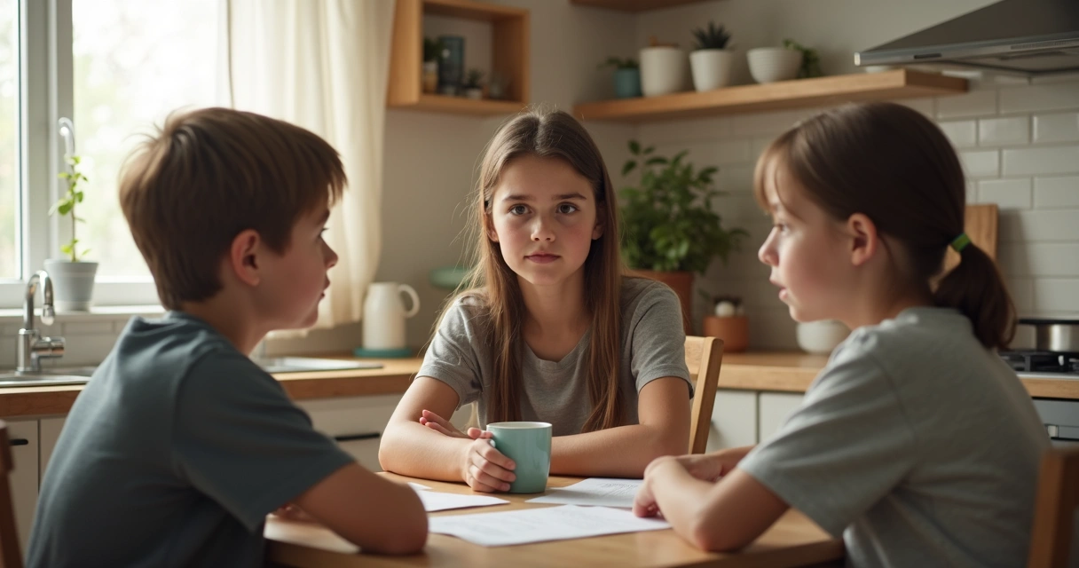 Parent listening calmly as two siblings talk at a kitchen table