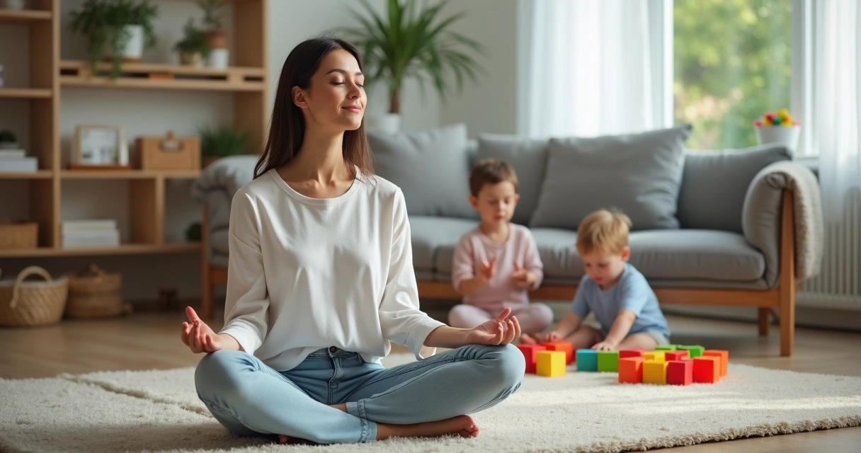 Parent sitting on floor in living room with eyes closed, children playing nearby 