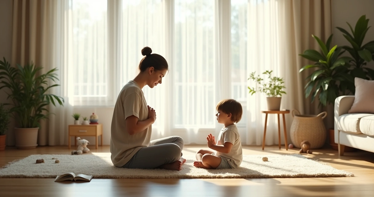 Parent practicing breathing meditation with child in a calm living room 