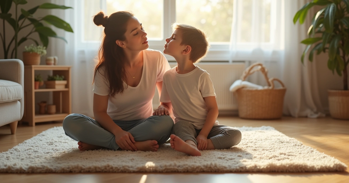 Parent sitting with child, both taking deep breaths together