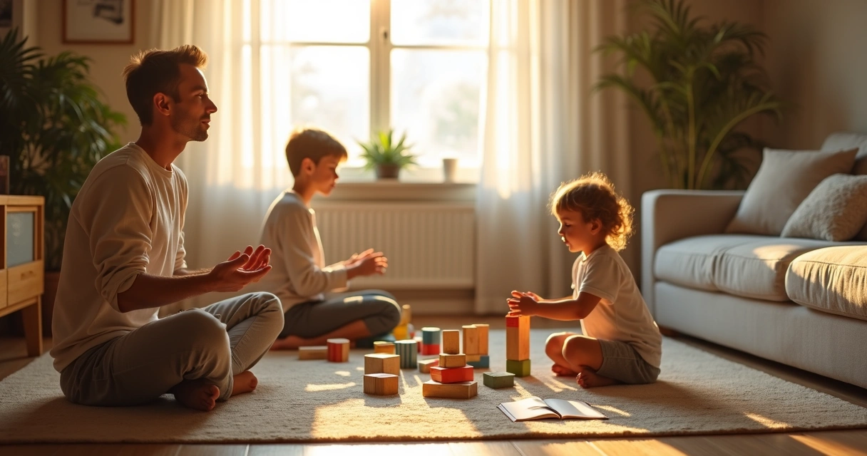 Parent and child playing on floor while another parent calmly breathes nearby 