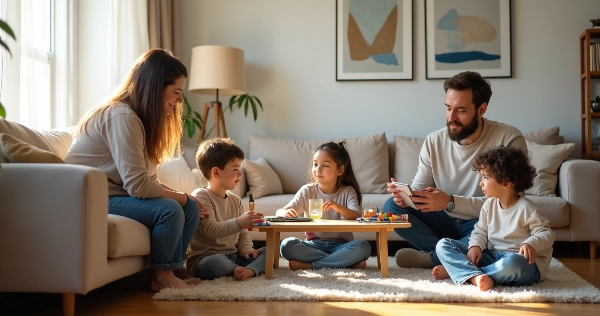 Parents practicing self-coaching while talking with children in a cozy living room 