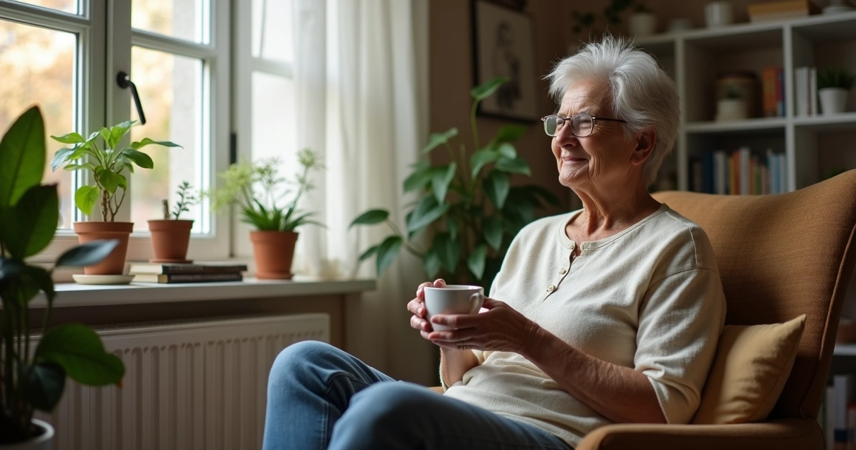 Parent sitting calmly with a cup of tea reflecting alone