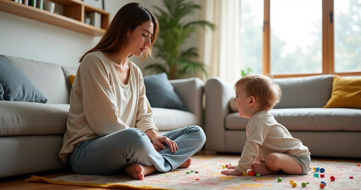 Calm parent self-regulating on couch while child has a tantrum on the floor 