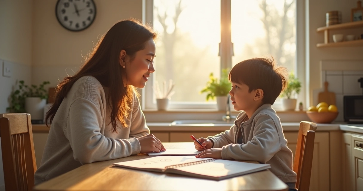 Parent and student talking calmly at a kitchen table