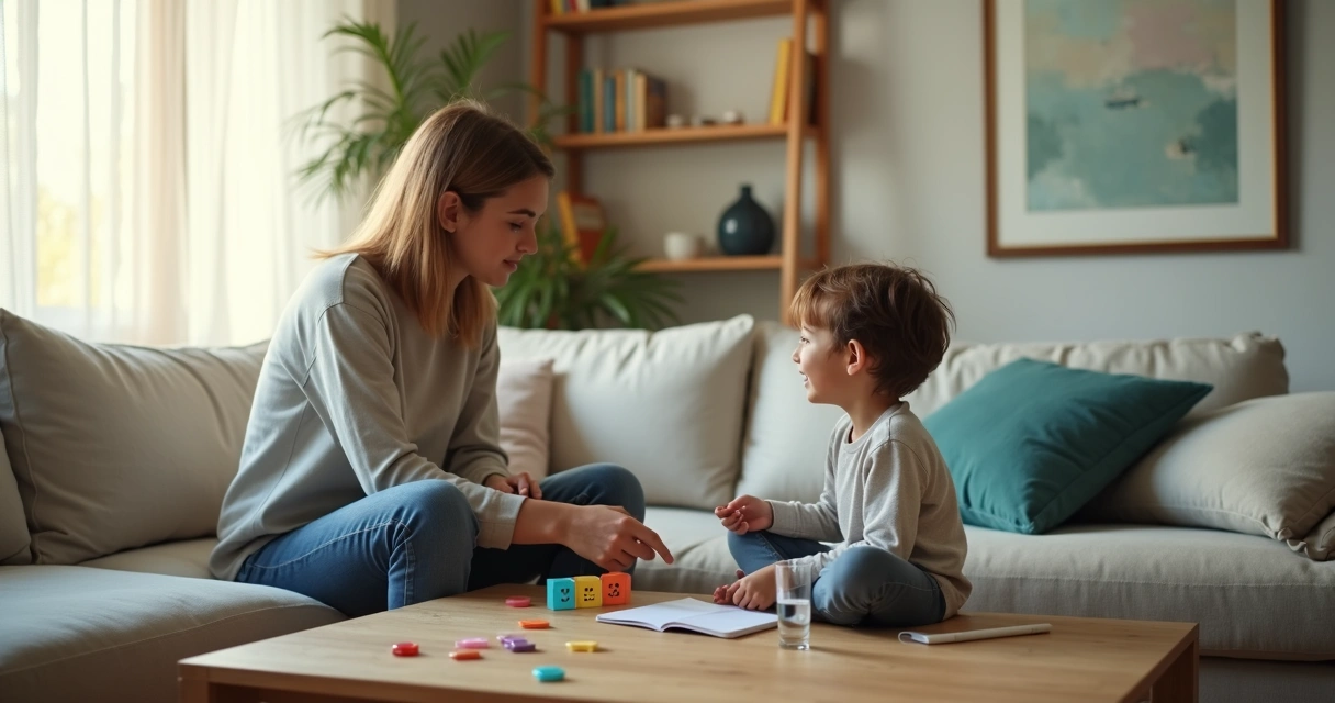Parent and child talking calmly on a sofa with emotion cards between them 