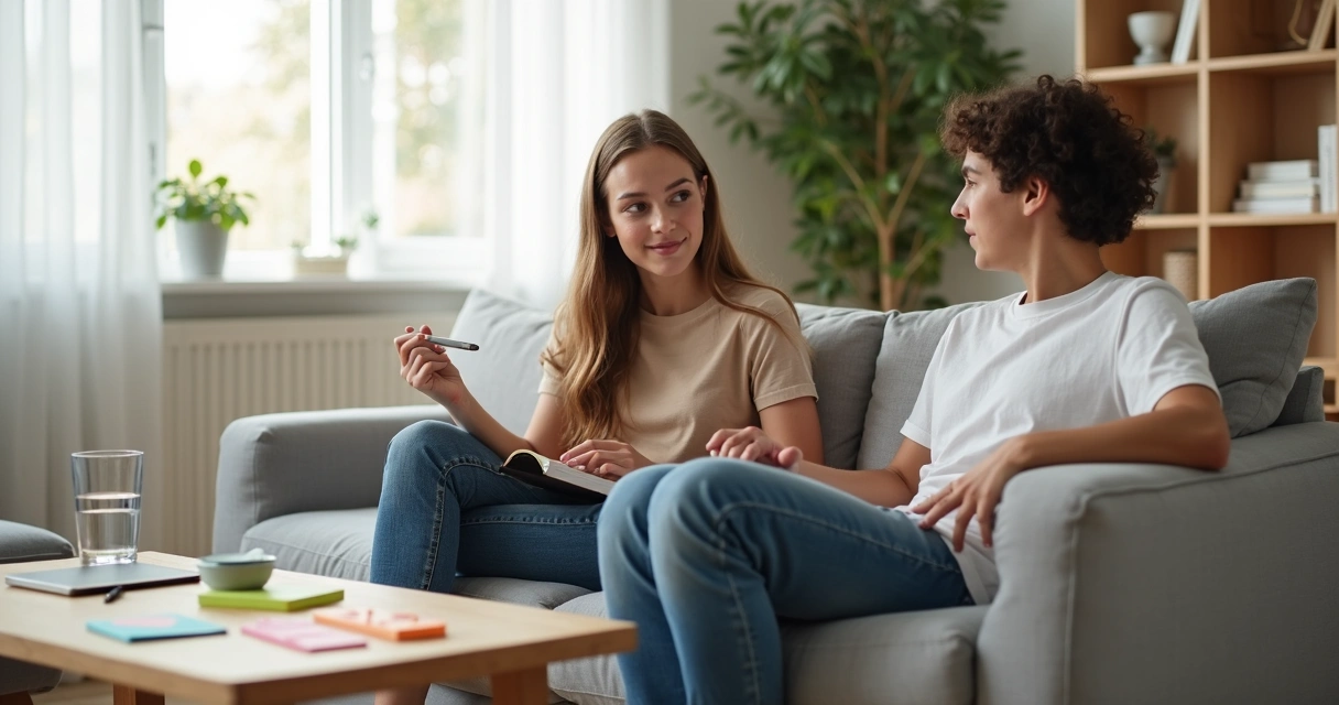 Parent and teen talking calmly on a sofa with a journal and phone on the table 