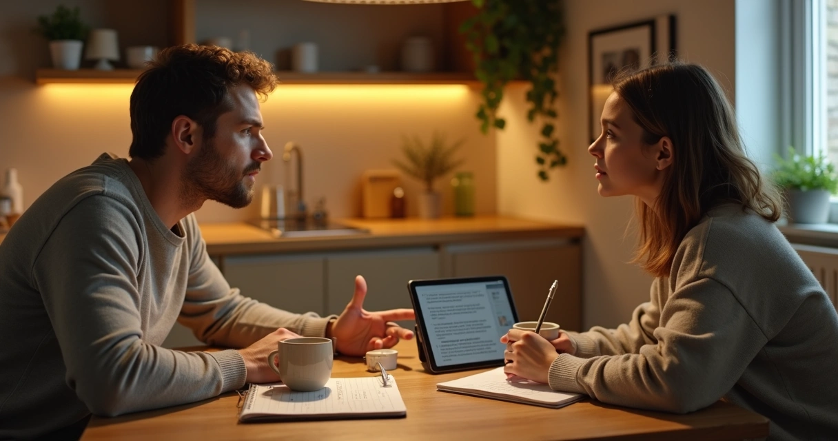 Parent and teenager talking calmly at a kitchen table 