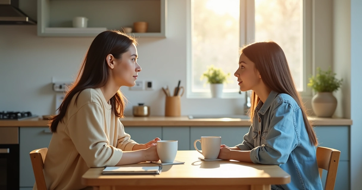 Parent and teen talking calmly in a kitchen 
