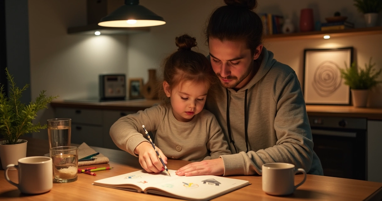 Parent and child at kitchen table with glowing symbols over notebook 