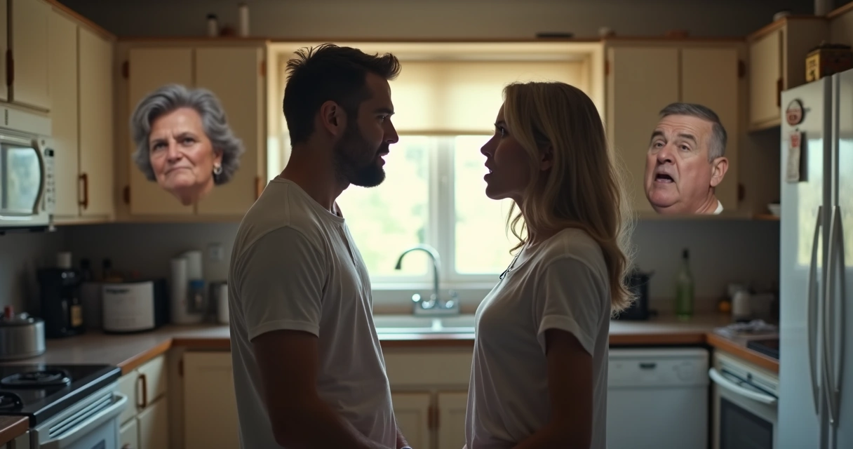 Adult couple with transparent overlay of parental figures behind them