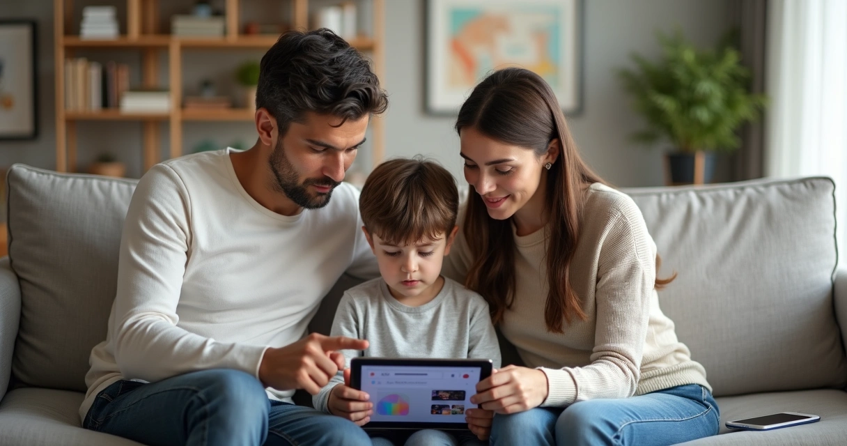 Pai e mãe no sofá guiando filho no uso do tablet 