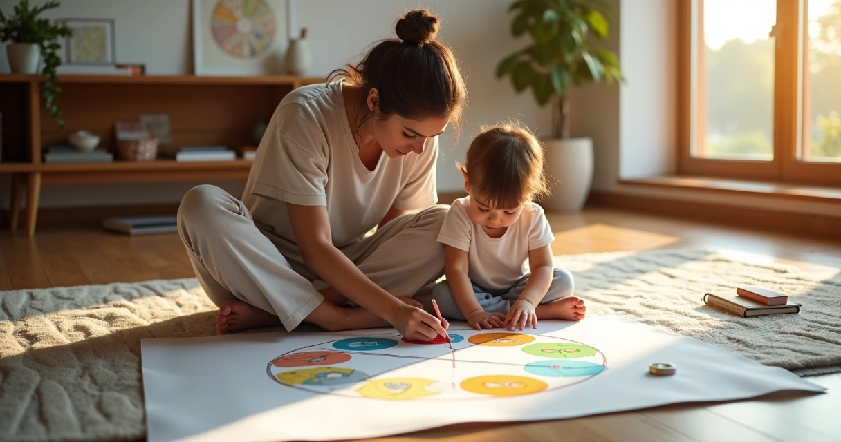 Pai e filha desenhando juntos círculo de emoções com luz suave em sala aconchegante 
