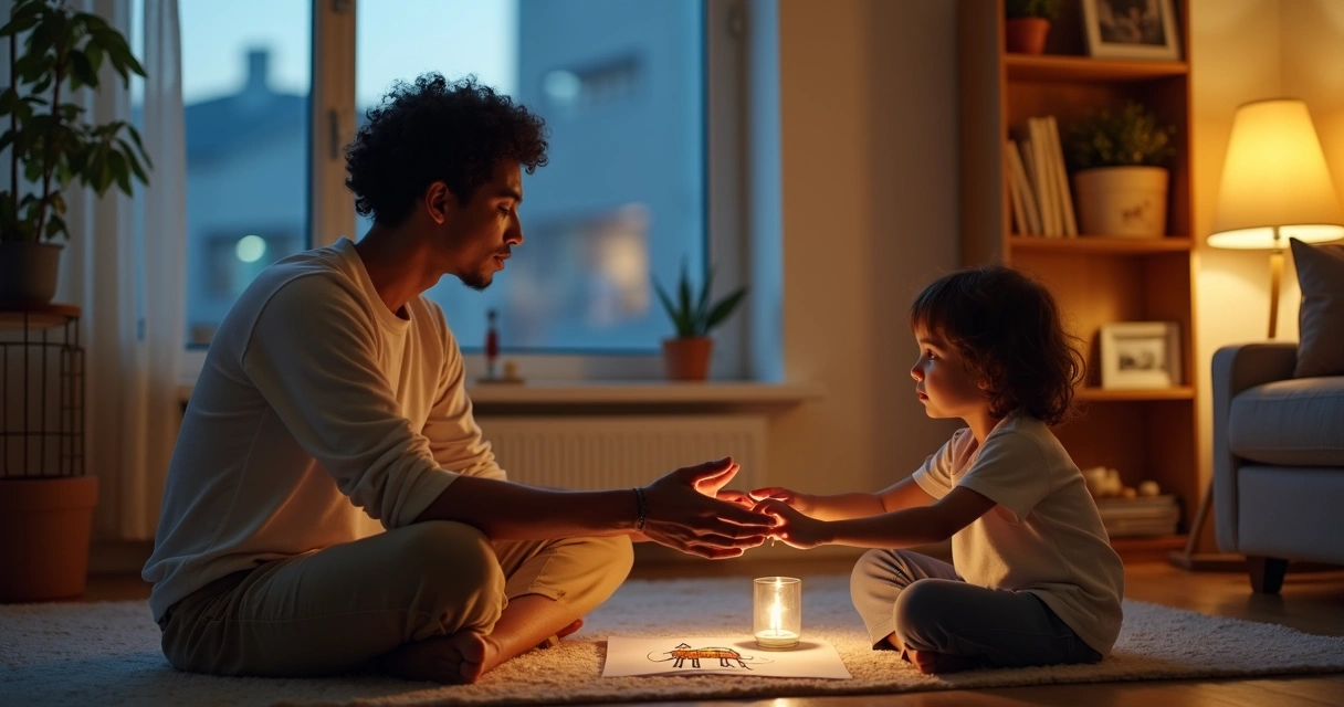 Pai solo sentado no chão com filho pequeno em momento de conexão tranquila 