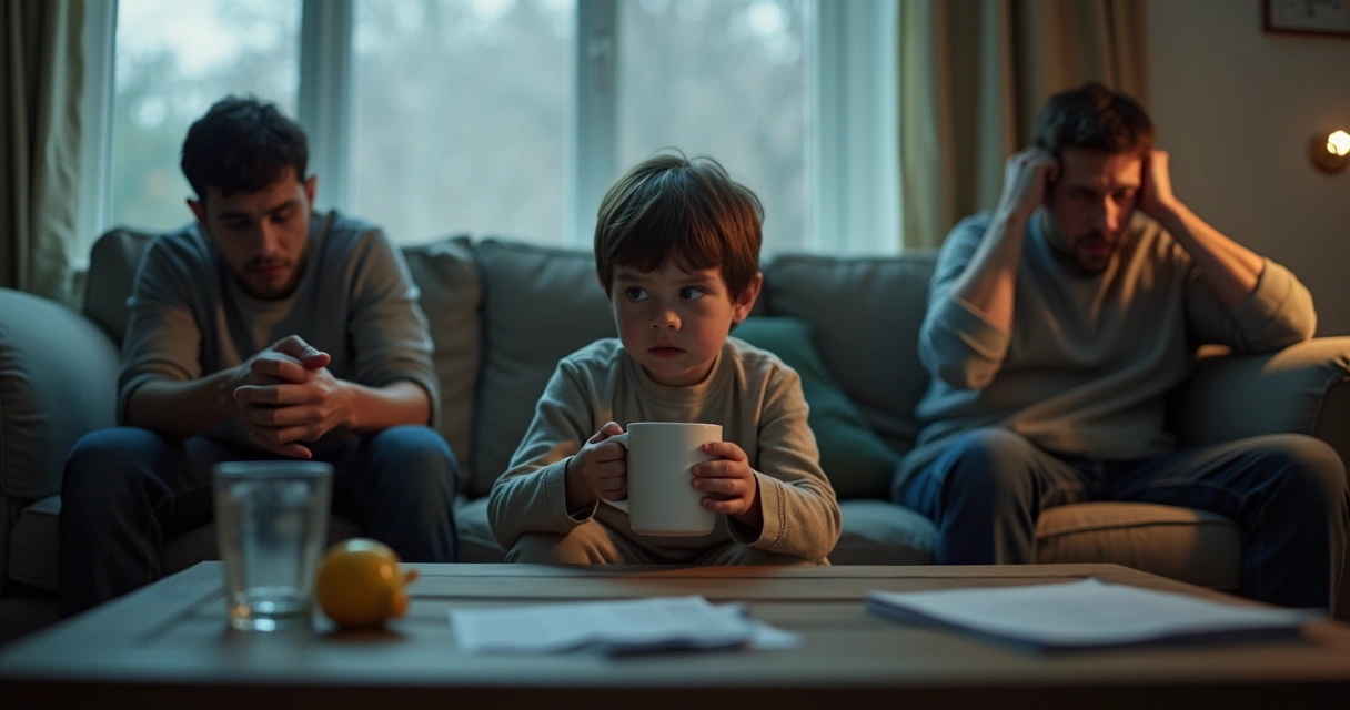 Criança séria entre dois adultos tensos em sala escura 