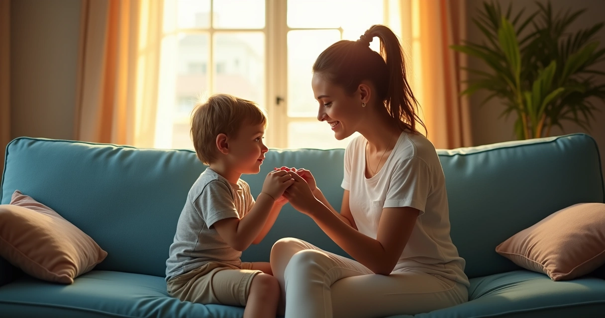 Parent and child sitting on a sofa, holding hands, making eye contact