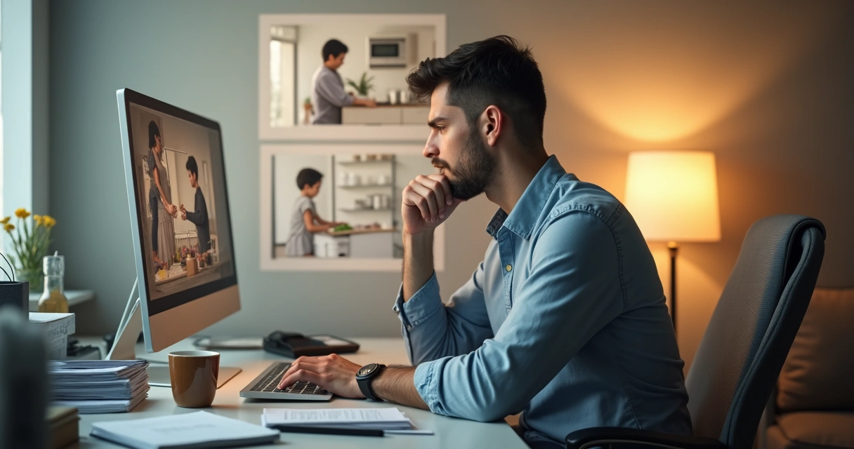 Adult at tidy desk with faded childhood scene in background 