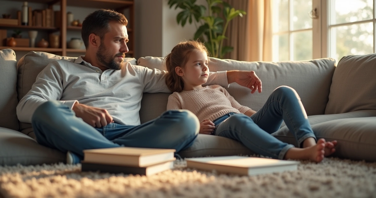 Father and daughter sitting on a couch, both focused on each other, books and toys scattered around
