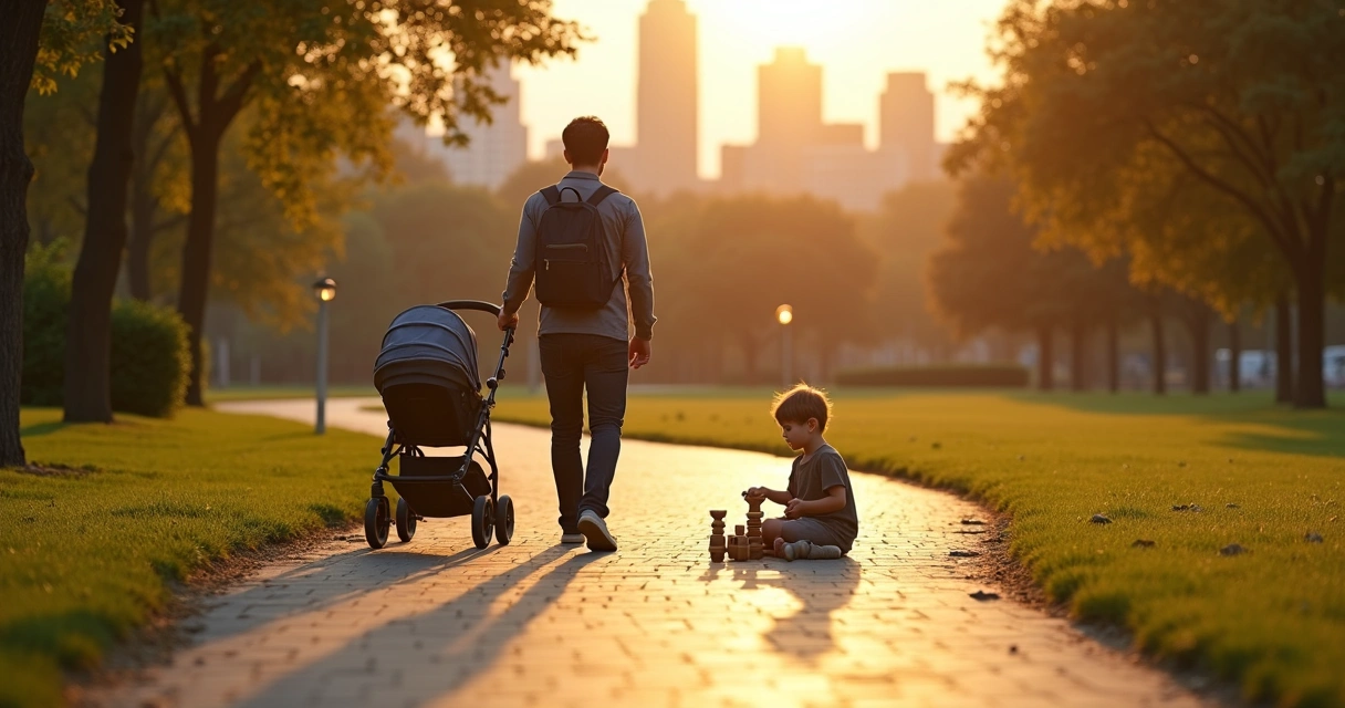 Parents walking on two paths that merge into one with a child playing between them 