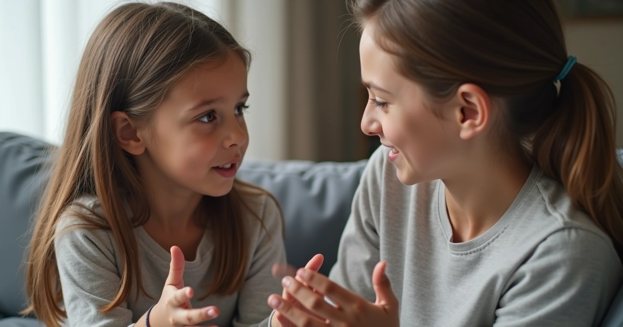 Parent listening attentively to a child speaking on the couch 