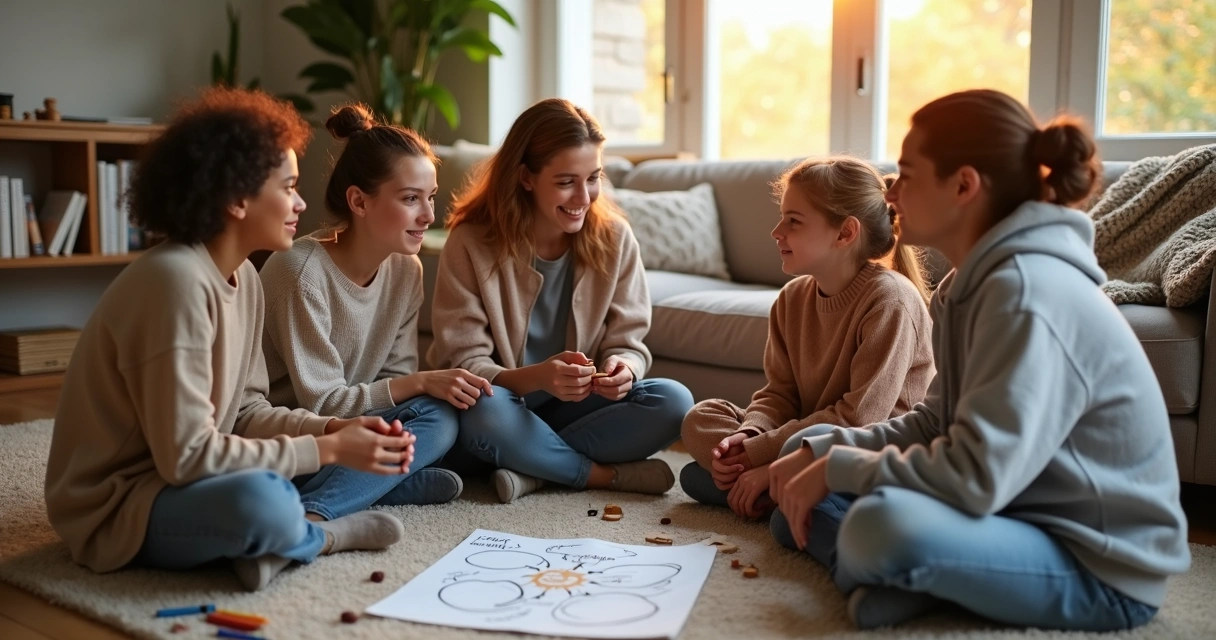 Parents and teenagers sitting in a circle practicing empathy together 