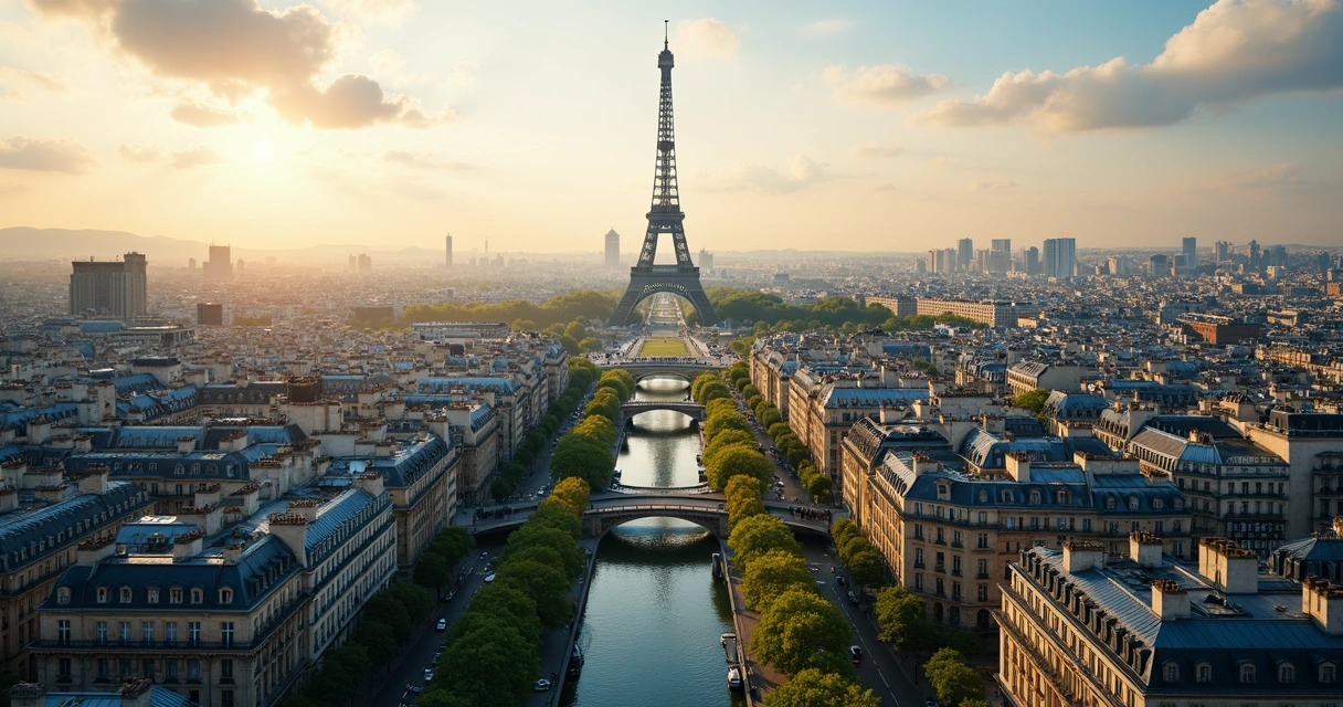 Vista aérea do centro de Paris com a Torre Eiffel ao fundo 