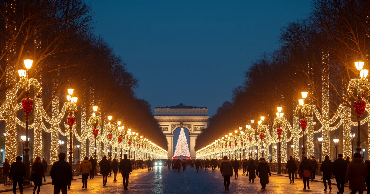Rua Champs-Élysées iluminada com luzes natalinas brilhantes durante a noite em Paris 