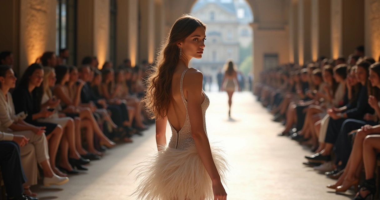Modelo na passarela usando vestido com silhueta sereia e detalhes em plumas em desfile de moda em Paris 
