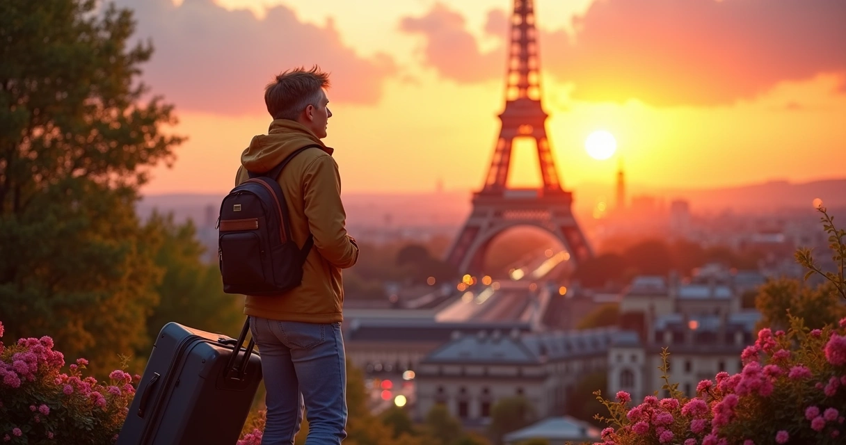 Turista apreciando a Torre Eiffel durante entardecer 