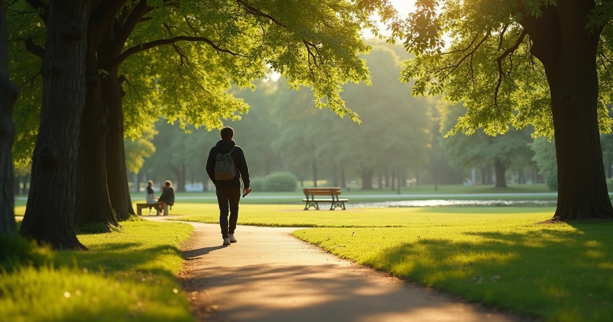 Person walking in a green park during a quiet break