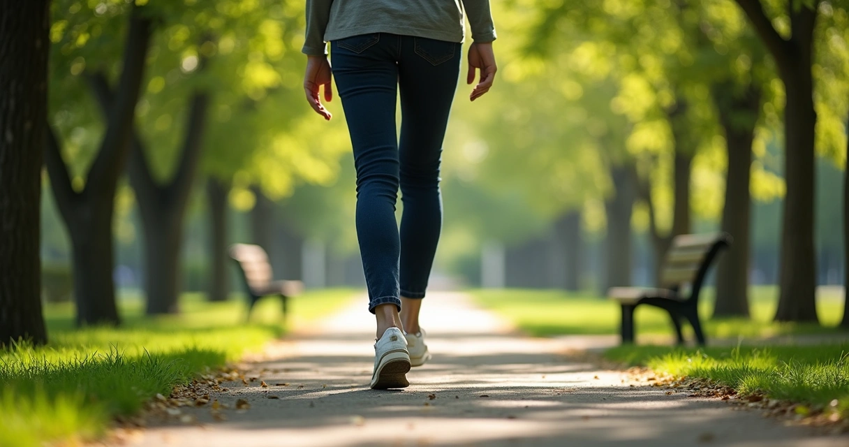 Person walking slowly on a tree-lined path in soft daylight