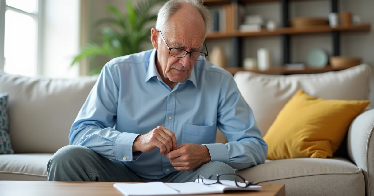 Homem maduro sentado em sofá observando leve tremor discreto na mão enquanto tenta abotoar a camisa 