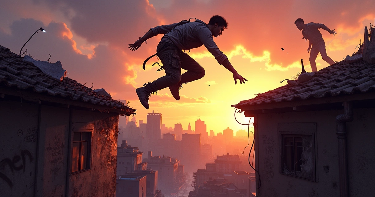Ilustração de um corredor de parkour em um ambiente apocalíptico, pulando entre telhados ao pôr do sol, com zumbis visíveis na cidade abaixo.