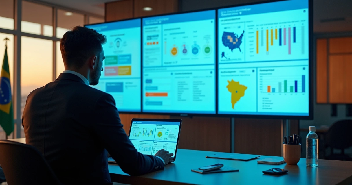 Parlamentar em gabinete moderno analisando painel digital de gestão 