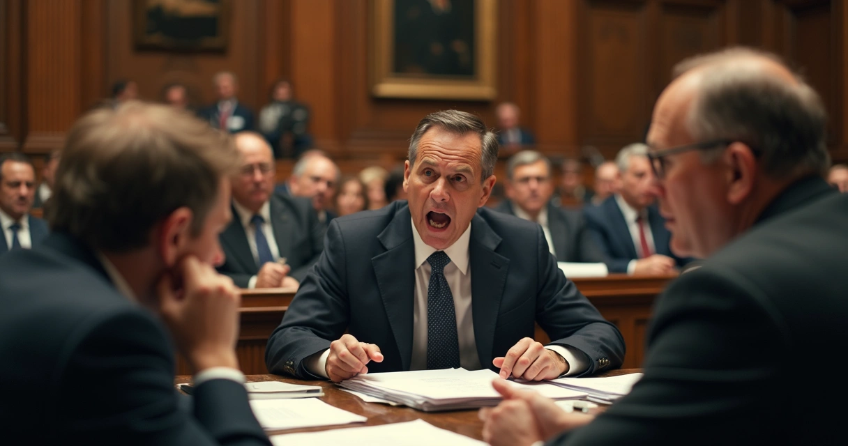 Lawmakers debating in parliament, some showing visible emotions. 