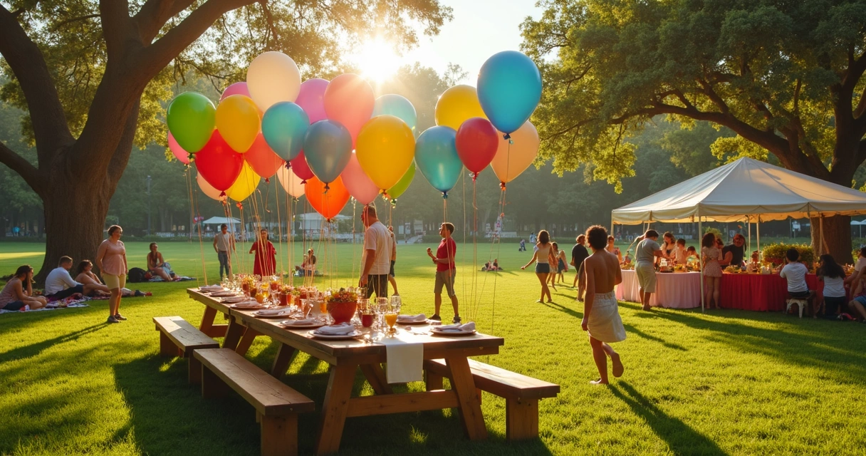 Mesa posta com decoração de aniversário em um parque na Flórida 