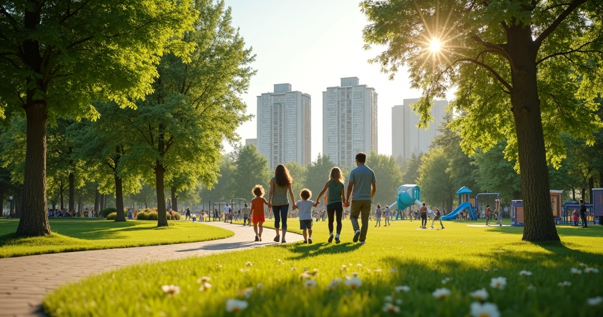 Família caminhando em parque arborizado no bairro 
