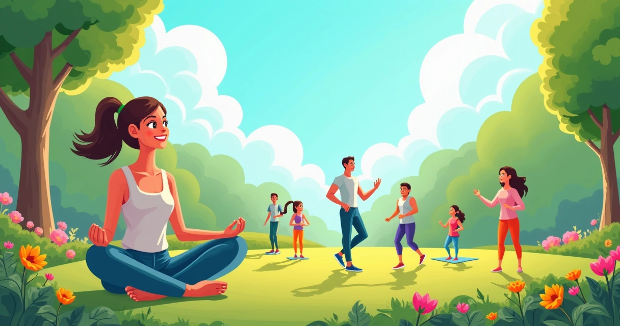 Cena alegre em parque com pessoas praticando mindfulness, meditação, dança e exercícios ao ar livre.