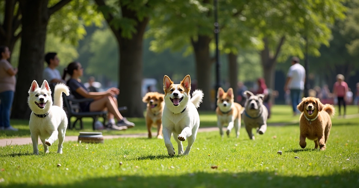 Cães a correr num parque relvado