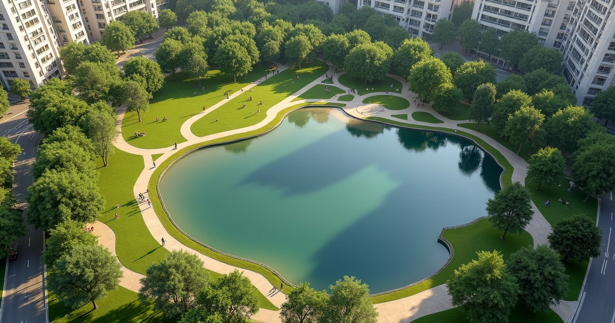 Parque urbano com lago, árvores e pessoas caminhando em trilhas