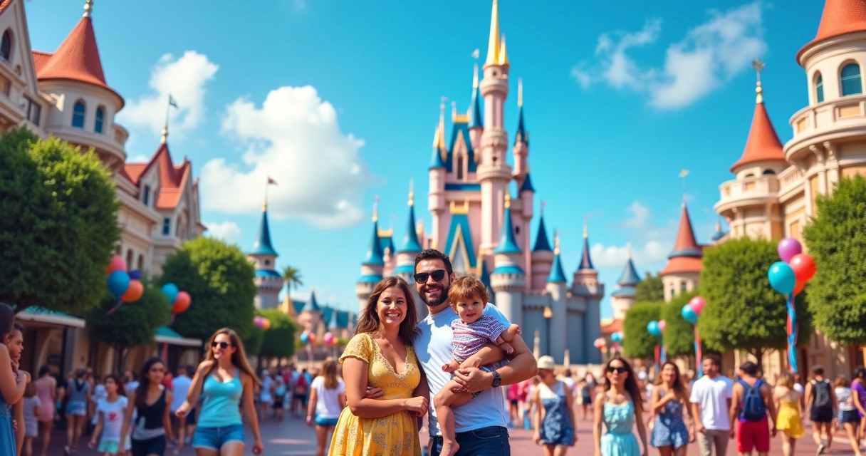 Familia sorridente em parque da Disney diante de castelo encantado, com atrações divertidas e balões coloridos ao fundo.