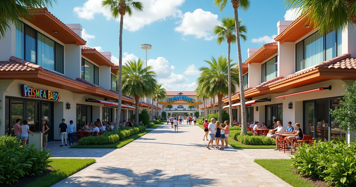 Casas próximas de um parque em Orlando com restaurantes ao fundo